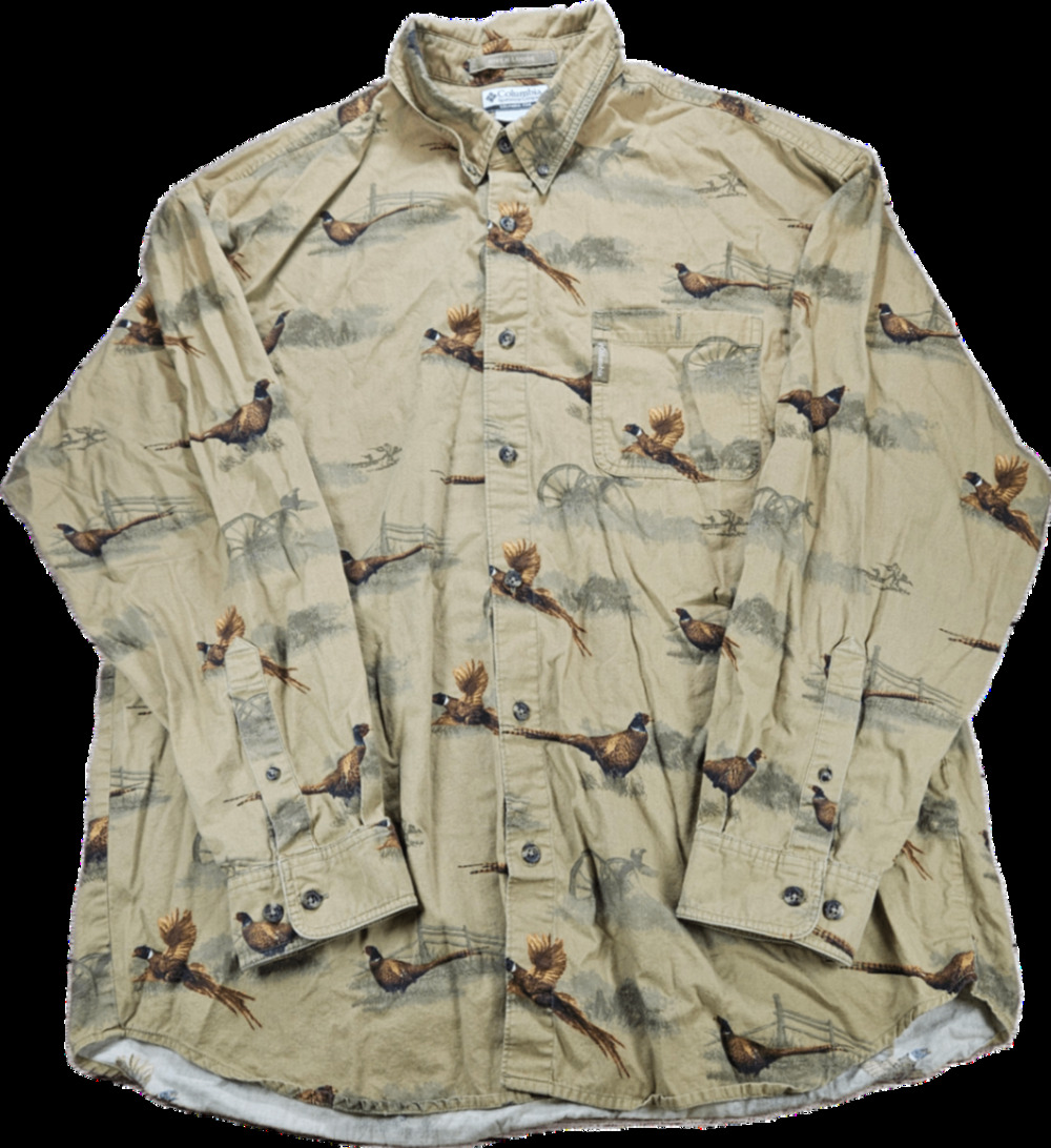 Columbia Men's XL Tan All Over Pheasant Print 100% Cotton Long Sleeve Shirt